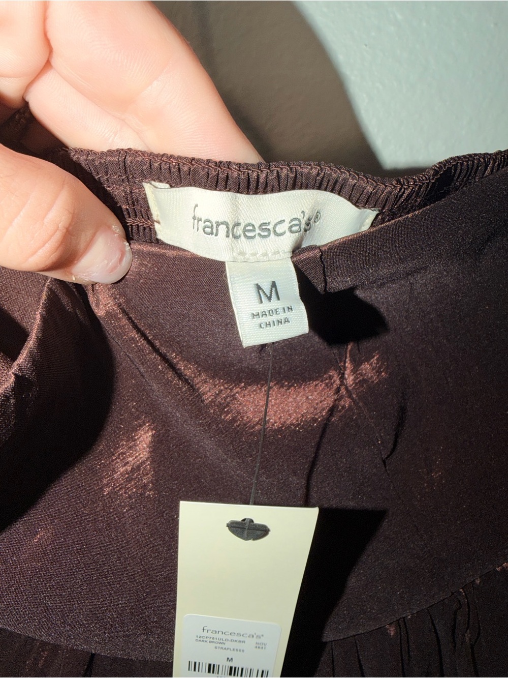 Francesca's Collections Strapless Satin Bubble Hem Top in Deep Brown - Picture 3 of 7